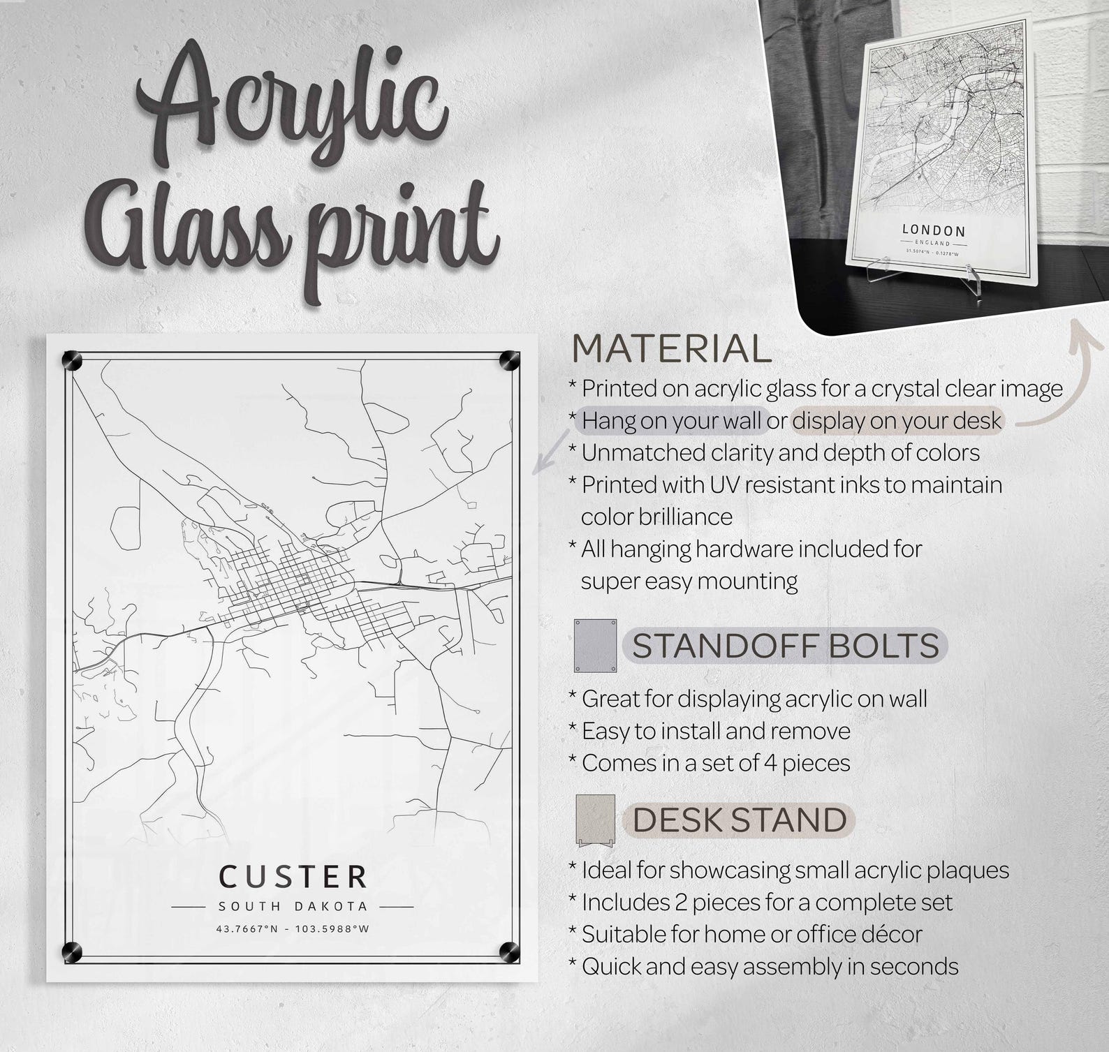Custer SD Street Map Print | Acrylic Glass Custer City Map Print ...