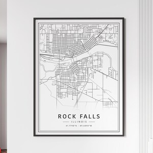 Impression de carte des rues de Rock Falls IL | Impression de carte des chutes de roche en acrylique | Impression de carte routière de Rock Falls | Poster Impression de la carte des chutes rocheuses
