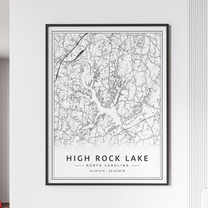 Impression de carte des rues de High Rock Lake en Caroline du Nord | Plan de la ville de High Rock Lake en verre acrylique | Carte routière en toile de High Rock Lake | Poster Carte du lac High Rock