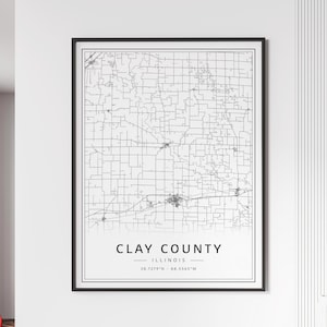 Impression de carte des rues du comté de Clay, Illinois | Verre acrylique Clay Plan de la ville du comté | Carte routière de la ville du comté de Canvas Clay | Poster Carte du comté de Clay