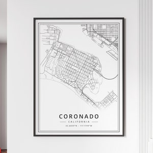 Impression de carte des rues des îles Coronado en Californie | Carte des îles Coronado en verre acrylique | Carte routière des îles Coronado en toile | Poster Carte des îles Coronado