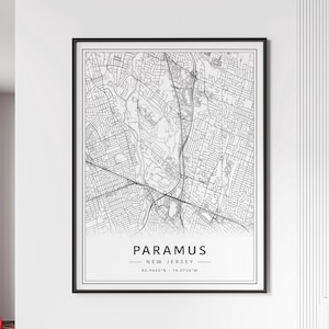 May include: Black and white map print of Paramus, New Jersey. The map shows the streets and roads of the city. The text "Paramus, New Jersey" and the coordinates "40.9445°N - 74.0754°W" are printed below the map.