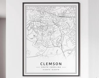 Clemson SC Street Map Print | Acrylic Glass Clemson City Map Print | Canvas Clemson Road Map Print | Poster Clemson Map Print