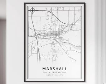 Marshall Michigan Street Map Print | Acrylic Glass Marshall City Map Print | Canvas Marshall Road Map Print | Poster Marshall Map Print