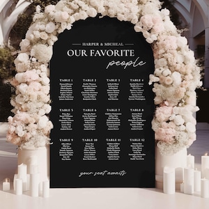 May include: A black chalkboard sign with a white arch at the top. The sign says "Harper & Micheal Our Favorite People" and lists names for each table number. The sign is decorated with white flowers.