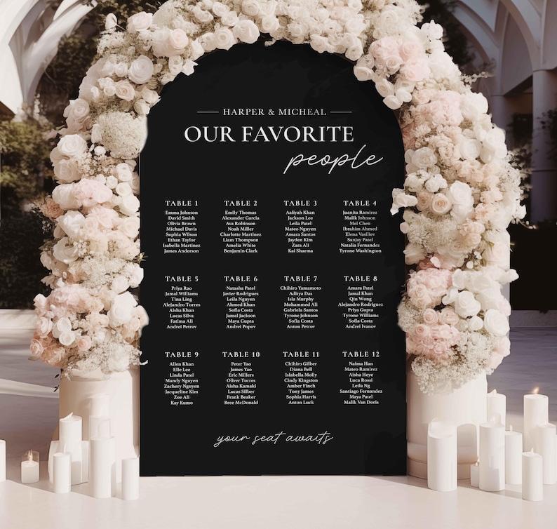 May include: A black chalkboard sign with a white arch at the top. The sign says "Harper & Micheal Our Favorite People" and lists names for each table number. The sign is decorated with white flowers.