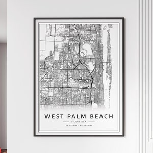 Carte des rues de West Palm Beach FL | Impression de carte de West Palm Beach en verre acrylique | Carte routière en toile de West Palm Beach | Poster Carte de Palm Beach