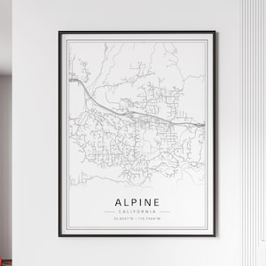May include: A black and white line art map of Alpine, California. The map shows the streets and roads of the city. The text "ALPINE - CALIFORNIA - 32.8351°N - 116.7664°W" is printed below the map.