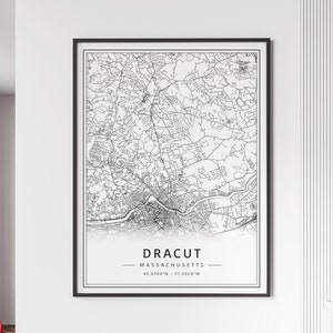 May include: Black and white line art map print of Dracut, Massachusetts. The map shows the city streets and includes the coordinates 42.6704&deg;N - 71.3020&deg;W.