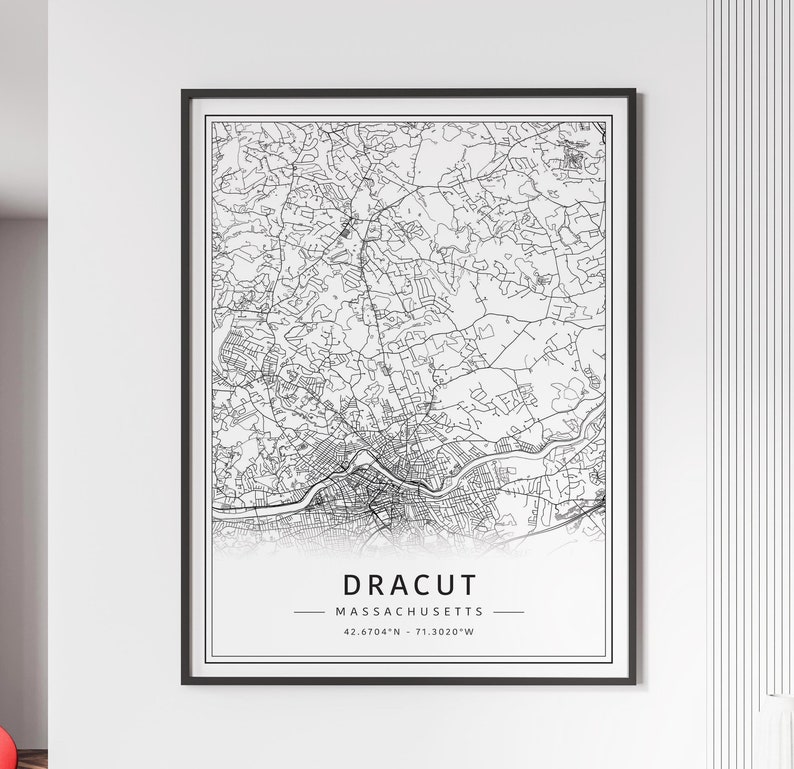 May include: Black and white line art map print of Dracut, Massachusetts. The map shows the city streets and includes the coordinates 42.6704&deg;N - 71.3020&deg;W.