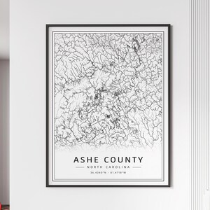 Carte des rues du comté d'Ashe, en Caroline du Nord impression | Impression de carte du comté d'Ashe sur verre acrylique | Impression de carte routière du comté d'Ashe sur toile | Poster Impression de la carte du comté d'Ashe