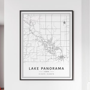 May include: A black and white map print of Lake Panorama, Iowa. The map shows the lake and surrounding area with roads and streets. The text "LAKE PANORAMA - IOWA - 41.7223°N - 94.4092°W" is printed at the bottom of the map.