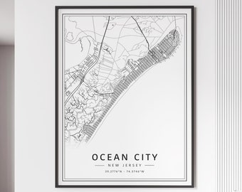 Ocean City New Jersey Street Map Print | Acrylic Glass Ocean City Map Print | Canvas Ocean City Road Map Print | Poster Ocean City Map Print