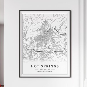 Impression de carte des rues de Hot Springs, Arkansas | Plan de la ville des sources thermales en verre acrylique | Carte routière de la ville de Hot Springs | Carte des sources chaudes