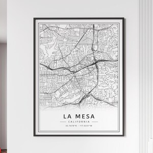 Impression du plan des rues de La Mesa en Californie | Impression de carte de La Mesa sur verre acrylique | Impression de carte routière de La Mesa sur toile | Poster Impression de la carte de La Mesa