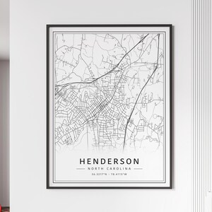 Impression de carte des rues de Henderson NC | Impression de carte de la ville d'Henderson sur verre acrylique | Impression de carte routière de Henderson sur toile | Poster Impression de carte d'Henderson
