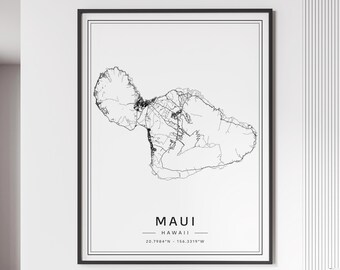 May include: A black and white line art map of Maui, Hawaii. The map shows the island's roads and coastline. The text "MAUI HAWAII 20.7984°N - 156.3319°W" is printed below the map.