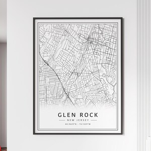 Impression de carte des rues de Glen Rock NJ | Impression de carte de ville de Glen Rock en verre acrylique | Impression de carte routière de Glen Rock | Poster Impression de la carte de Glen Rock