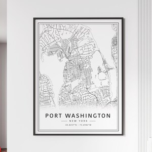 Carte des rues de Port Washington NY | Carte du port de Washington en verre acrylique | Carte routière en toile du port de Washington | Poster Carte du port de Washington