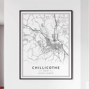 May include: Black and white line art map print of Chillicothe, Ohio. The map shows the city streets and surrounding area. The text "Chillicothe, Ohio" and the coordinates "39.3331°N - 82.9824°W" are printed below the map.