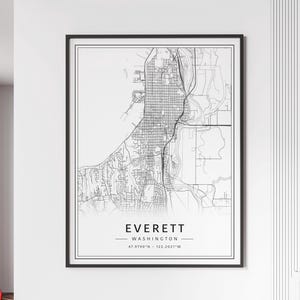 May include: Black and white map print of Everett, Washington. The map shows the city streets and surrounding waterways. The text "EVERETT - WASHINGTON - 47.9790°N - 122.2021°W" is printed below the map.