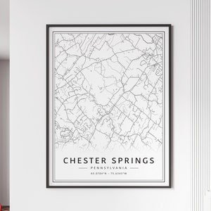 Chester Springs, Pennsylvanie, plan des rues | Impression de carte de la ville de Chester Springs sur verre acrylique | Carte routière de Chester Springs sur toile | Carte de Chester Springs