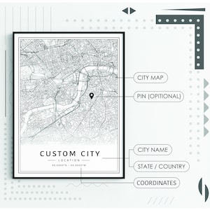 Impression personnalisée de plan de ville | Impression de carte de ville personnalisée en verre acrylique | Impression personnalisée de carte routière de la ville sur toile| Poster, impression de plan de ville personnalisé