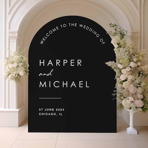 Panneau de bienvenue pour mariage en acrylique | Plaque de mariage d'entrée | Plaque de mariage personnalisée | Plaque de mariage en arc | Bienvenue dans notre plaque de mariage Black Arch