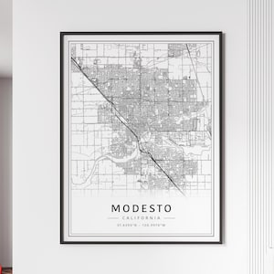 May include: Black and white map print of Modesto, California. The map shows the city streets and includes the coordinates 37.6393°N - 120.9970°W.