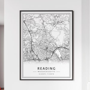 Lecture MA Street Map Impression | Impression de carte de lecture en verre acrylique | Impression de carte routière de lecture de toile | Impression de carte de lecture d'affiche