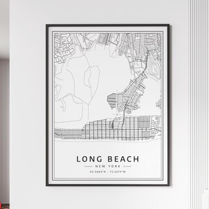 Impression de plan des rues de Long Beach NY | Impression de carte de ville de Long Beach en verre acrylique | Impression de carte routière de Long Beach sur toile | Poster Impression de carte de Long Beach