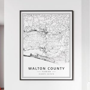 Carte des rues du comté de Walton en Floride | Impression de carte du comté de Walton sur verre acrylique | Impression de carte routière du comté de Walton | Poster Carte du comté de Walton