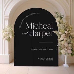 Panneau de bienvenue pour mariage en acrylique | Plaque de mariage d'entrée | Plaque de mariage personnalisée | Plaque de mariage en arc | Bienvenue dans notre plaque de mariage Black Arch