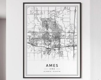 Ames Iowa Street Map Print | Acrylic Ames City Map Print | Canvas Ames Road Map Print | Poster Ames  Map Print