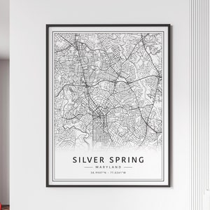 Silver Spring MD carte des rues impression | Impression de carte printanière argentée sur verre | Impression argentée de carte de route de ressort de toile | Poster Carte du printemps argenté