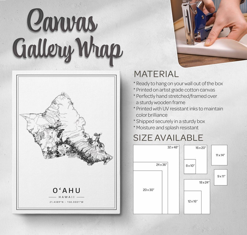May include: A black and white line art print of the island of Oahu, Hawaii. The print is on a canvas gallery wrap and is ready to hang. The print is available in a variety of sizes, including 32x48 inches, 24x36 inches, 20x30 inches, 16x20 inches, 12x16 inches, 11x14 inches, 9x11 inches, and 8x10 inches.