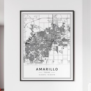 May include: Black and white city map print of Amarillo, Texas. The map shows the city streets and landmarks. The text "Amarillo, Texas" and the coordinates "35.2220°N - 101.8313°W" are printed below the map.