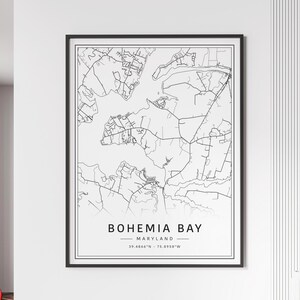 Impression de carte des rues de Bohemia Bay MD | Impression de carte de Bohemia Bay sur verre acrylique | impression de carte routière de la baie de Bohême sur toile | Affiche Bohemia Bay Print