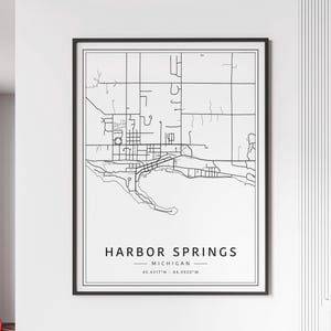 Impression de carte des rues de Harbor Springs MI | Plan de la ville de Harbour Springs en verre acrylique | Carte routière de Harbor Springs en toile | Poster Carte de Harbour Springs