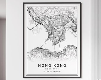 Hong Kong Street Map Print | Acrylic Glass Hong Kong City Map Print | Canvas Hong Kong City Road Map Print | Hong Kong  Map Print