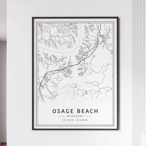 Impression du plan des rues du MO d'Osage Beach | carte de ville d'Osage Beach en verre acrylique | Impression de carte routière d'Osage Beach | Poster Carte de la plage d'Osage