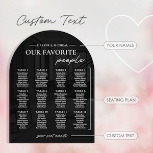 May include: Black and white wedding seating chart with an arch shape. The chart has the text "Our Favorite People" and lists tables with guest names. The text "Your Names" and "Seating Plan" are also included.