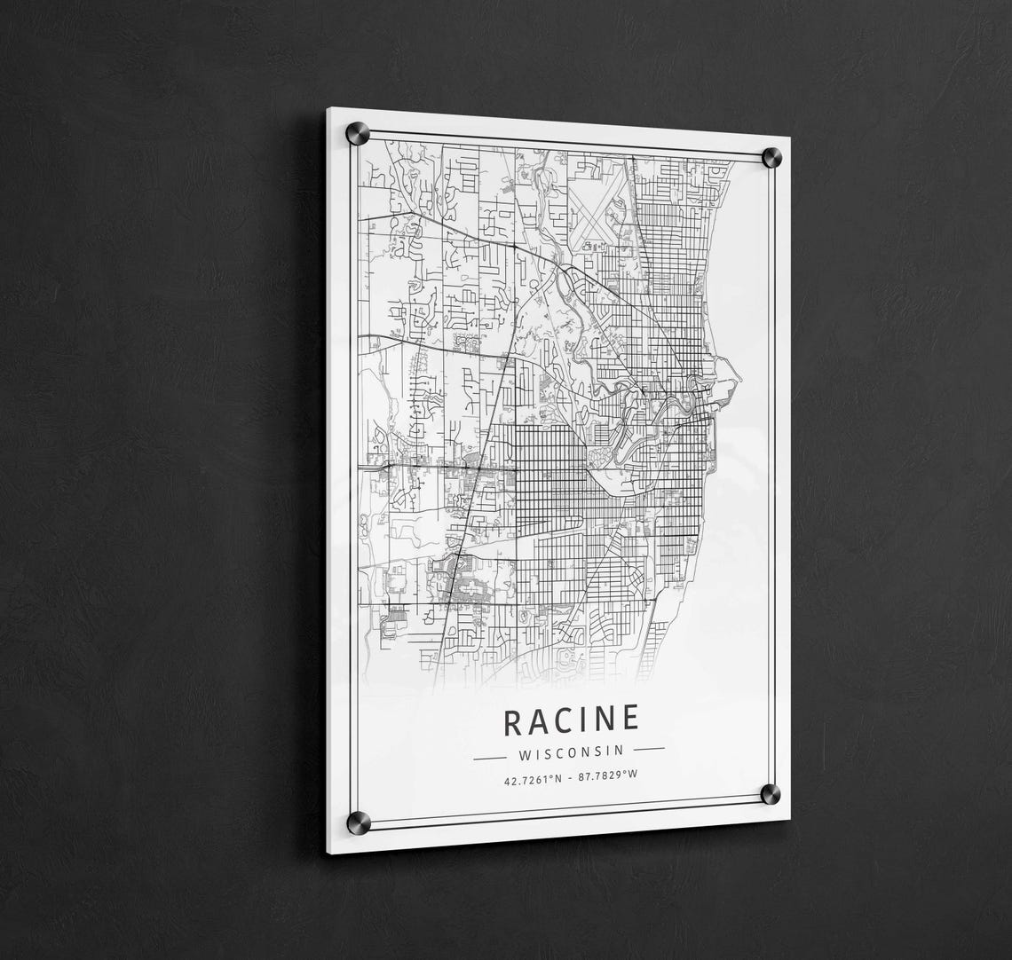 Racine WI Street Map Print | Acrylic Glass Racine City Map Print ...