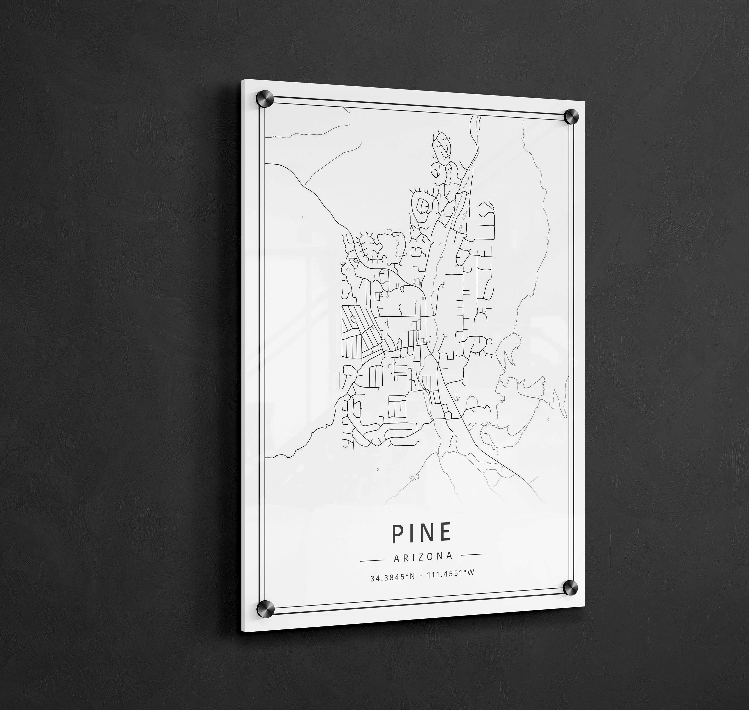 Pine Arizona Street Map Print | Acrylic Pine Map Print | Canvas