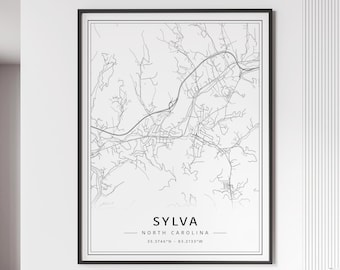 Sylva NC Street Map Print | Acrylic Glass Sylva City Map Print | Canvas Sylva Road Map Print | Poster Sylva  Map Print