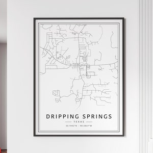 Impression du plan des rues de Dripping Springs, Texas | Plan de la ville de Dripping Springs en acrylique | Carte routière de Dripping Springs en toile | Poster Carte de Dripping Springs