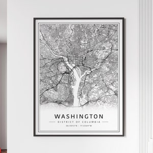 Impression de carte des rues de Washington DC | Impression de carte de ville de Washington DC sur verre acrylique | Carte routière de Washington DC en toile | Poster Carte de Washington