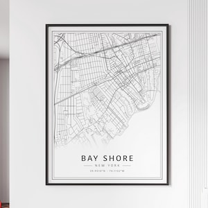 copie de carte des rues de Bay Shore NY | en verre acrylique de carte de rivage de baie | de carte routière de Canvas Bay Shore | Poster Impression de la carte des rives de la baie