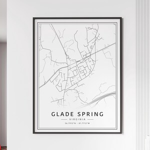 Impression de carte des rues de Glade Spring en Virginie | Impression de carte de printemps de clairière en verre acrylique | Impression de carte routière de printemps de Glade sur toile | Impression de carte printanière Glade Spring