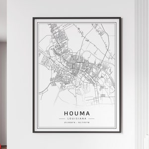 Impression de carte de rue de Houma Louisiane | Impression de carte de la ville de Houma sur verre acrylique | Impression de carte routière de la ville de Houma sur toile | Poster Houma Map Print